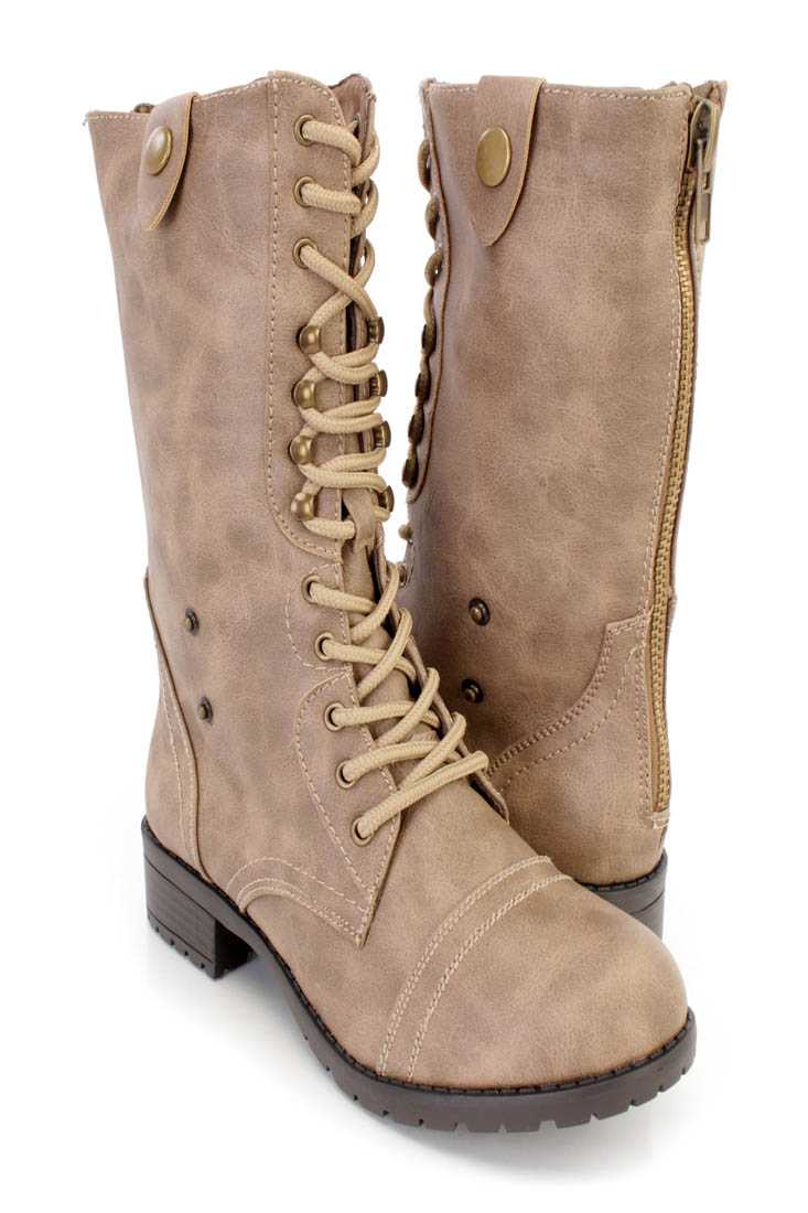Taupe Lace Up Combat Boots Faux Leather