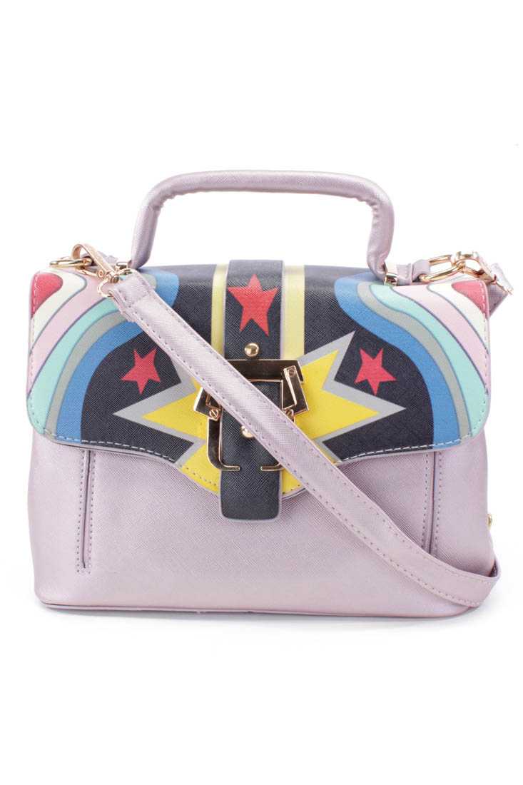 Lavender Yellow Color Block Print Faux Leather Handbag