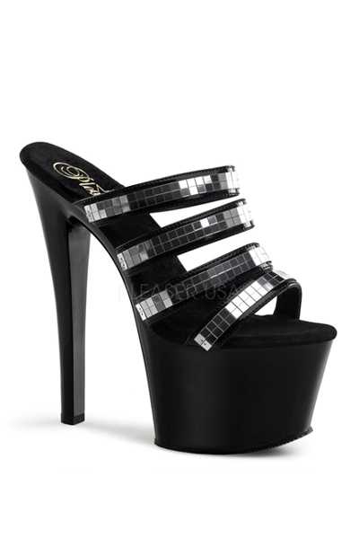 Black Patent Mirrored Tile Strappy Platform High Heels