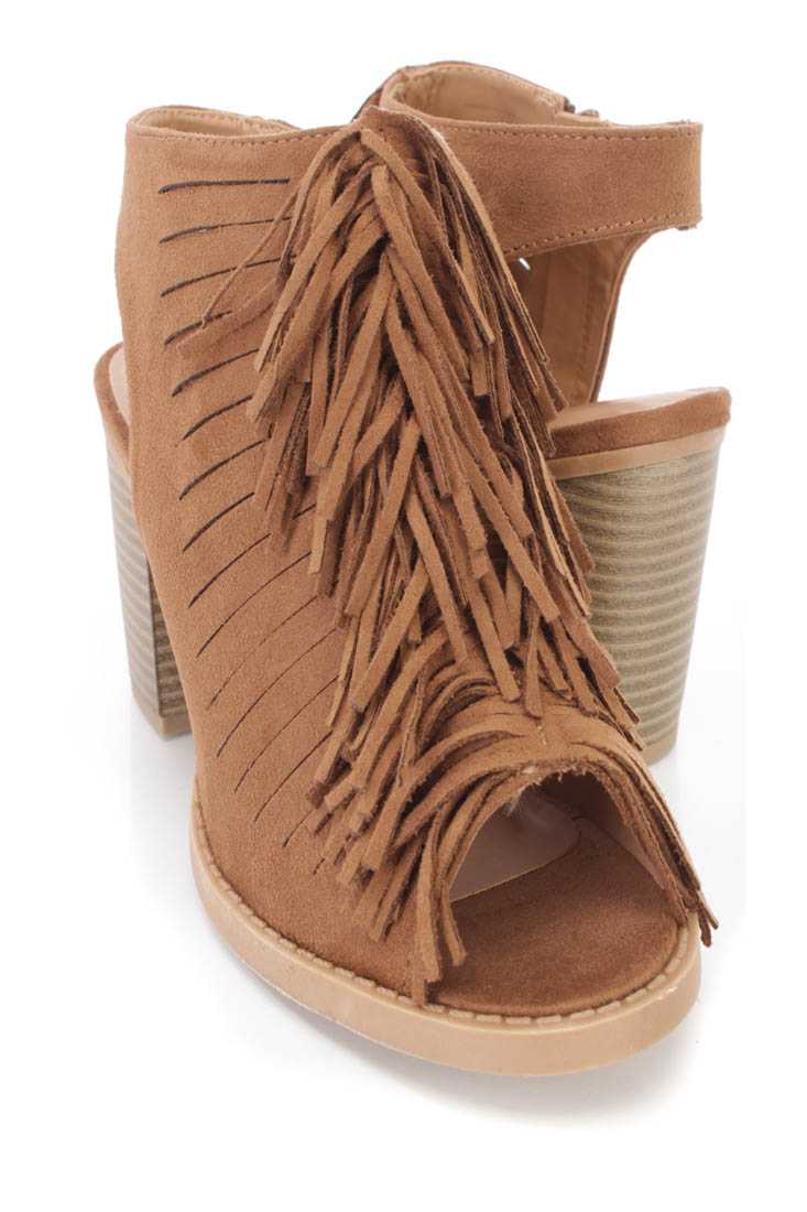 Chestnut Fringe Peep Toe Chunky High Heels Faux Suede