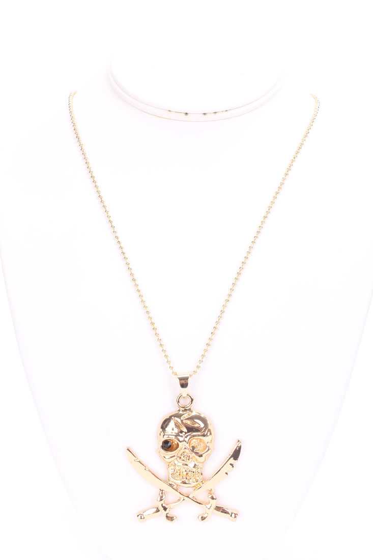 Gold Skull Sword Gemstone Eyes Design Thin Ball Chain Necklace