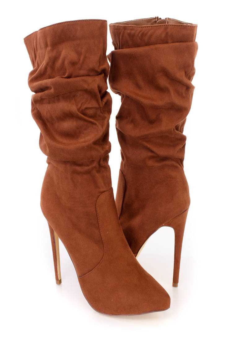 Tan Scrunchy Stiletto High Heel Boots Faux Suede