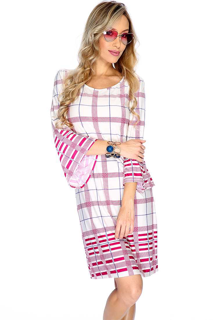 Sexy Magenta White Plaid Print Cute Dress