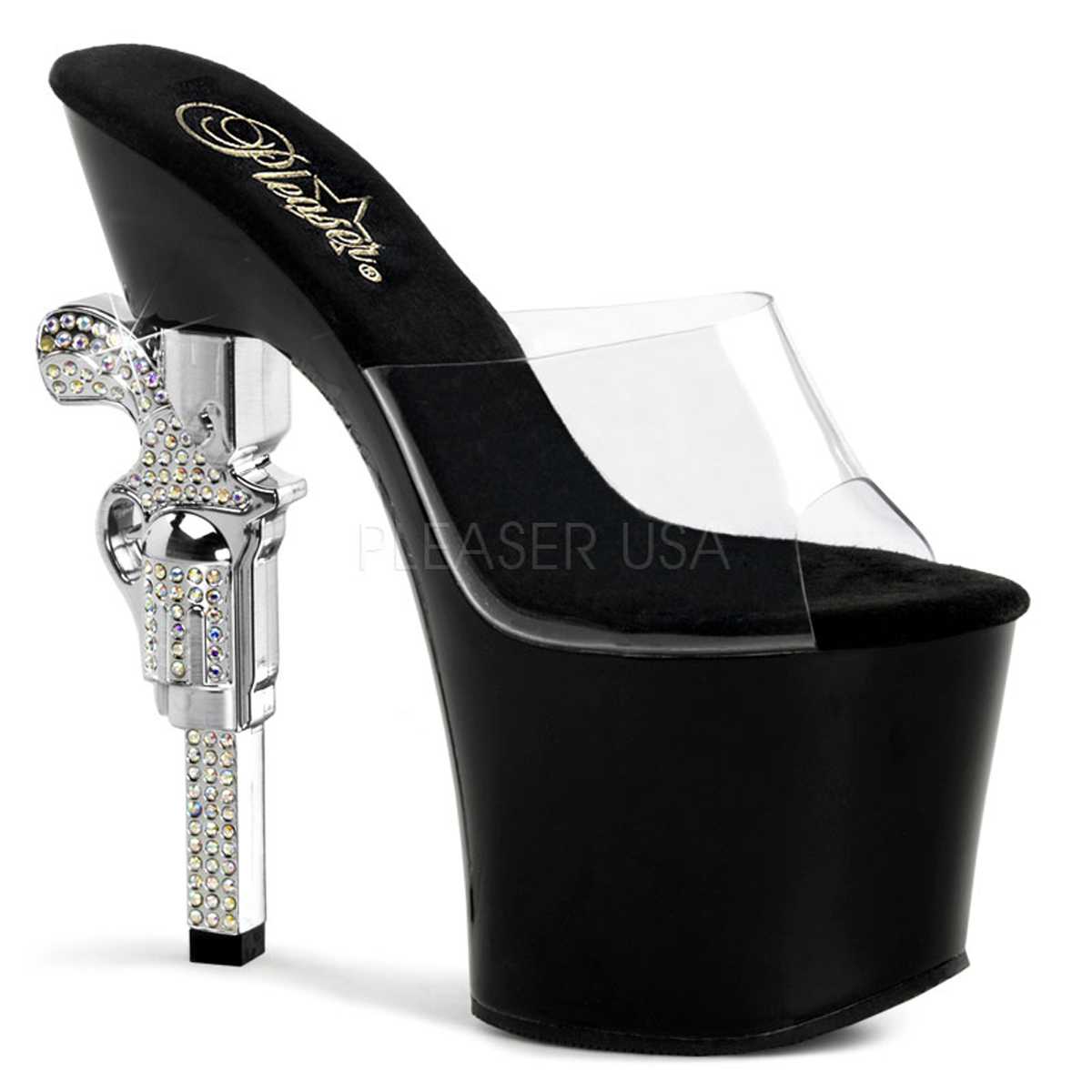 Clear Black Slip On Platform Rhinestone Gun Heels PVC