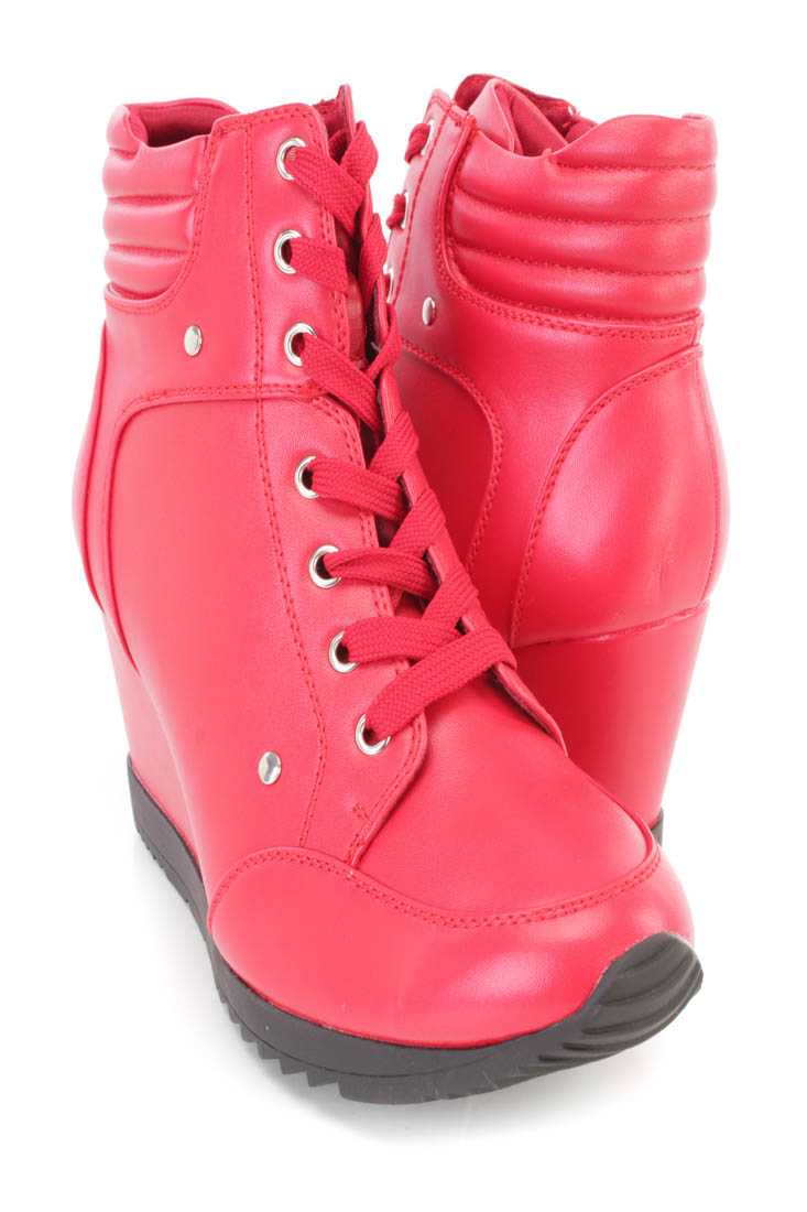 Red Lace Up Sneaker Wedges Faux Leather