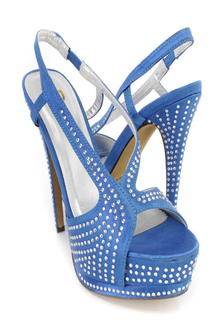 Blue Rhinestone Strappy Platform High Heels Satin