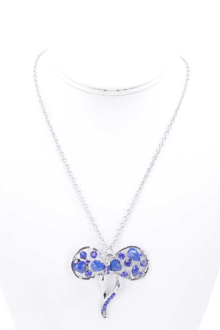 Royal Blue Gemstone Rhinestone Bow Pendant Necklace