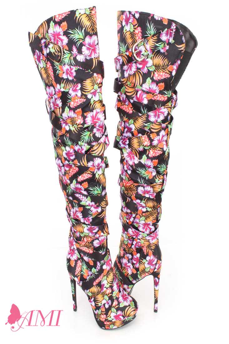 Pink Flower Pattern Thigh High Heel Boots Fabric