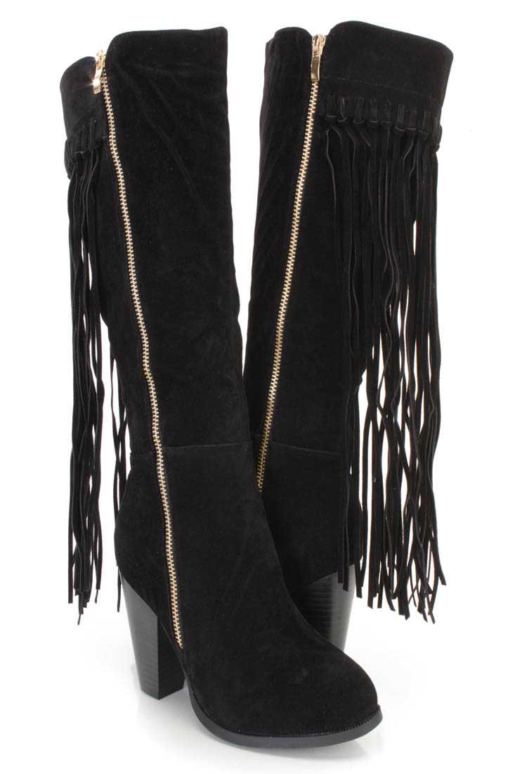 Black Fringe Chunky Heel Boots Faux Suede