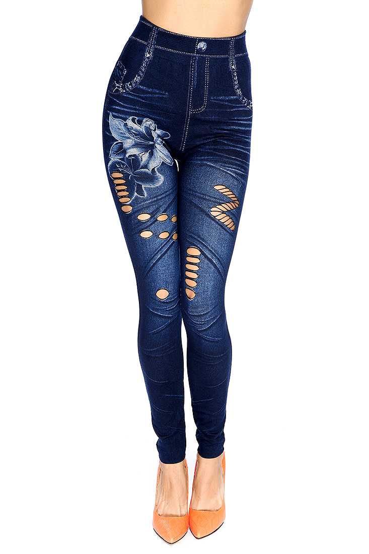 Navy Floral Print Perforated Design Jeggings