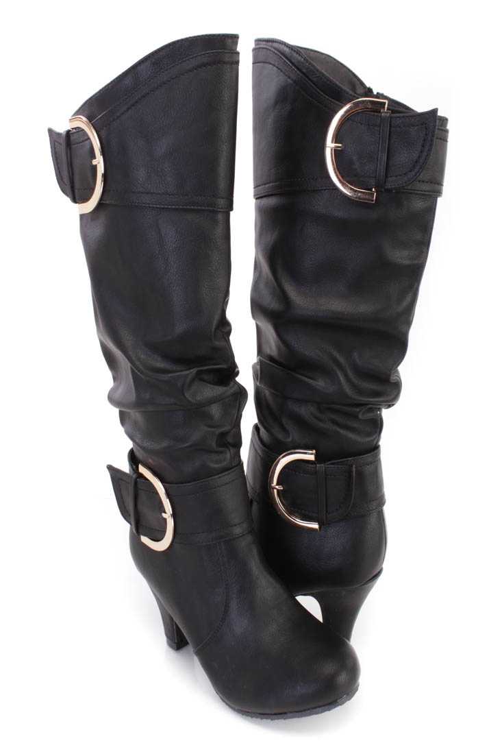 Black Slouchy Strappy Heel Boots Faux Leather