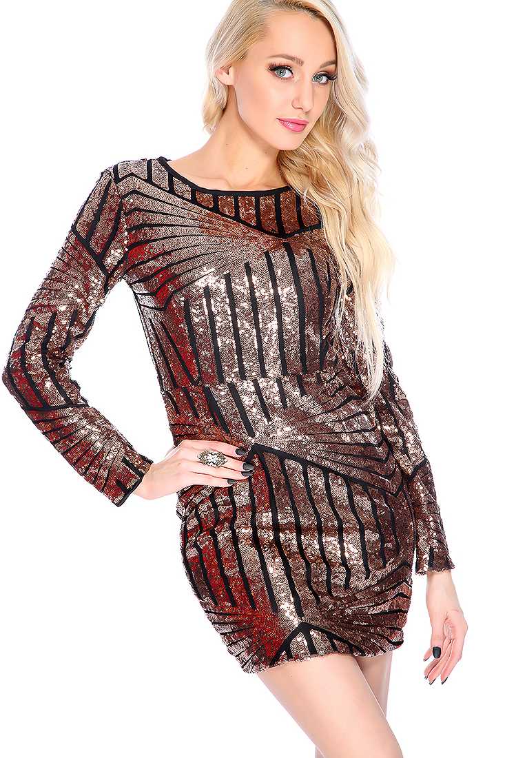 Sexy Bronze Black Long Sleeve Open Back Sequin Bodycon Party Dress