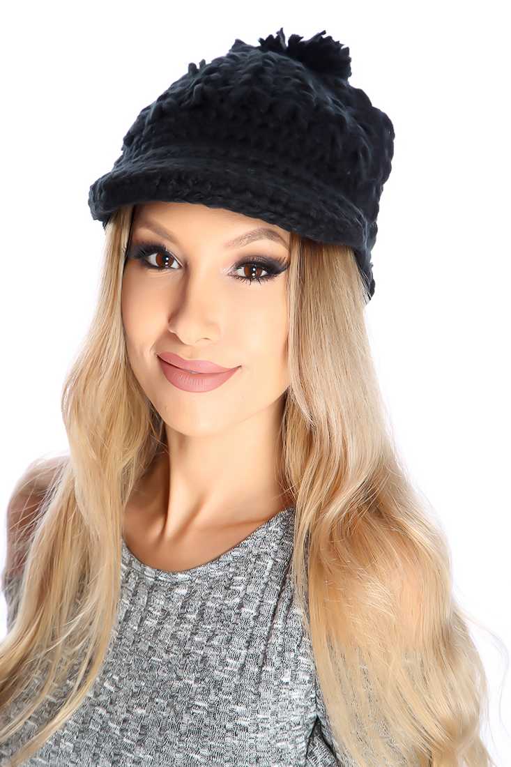 Black Cable Knit Slouchy Pom-Pom Beanie