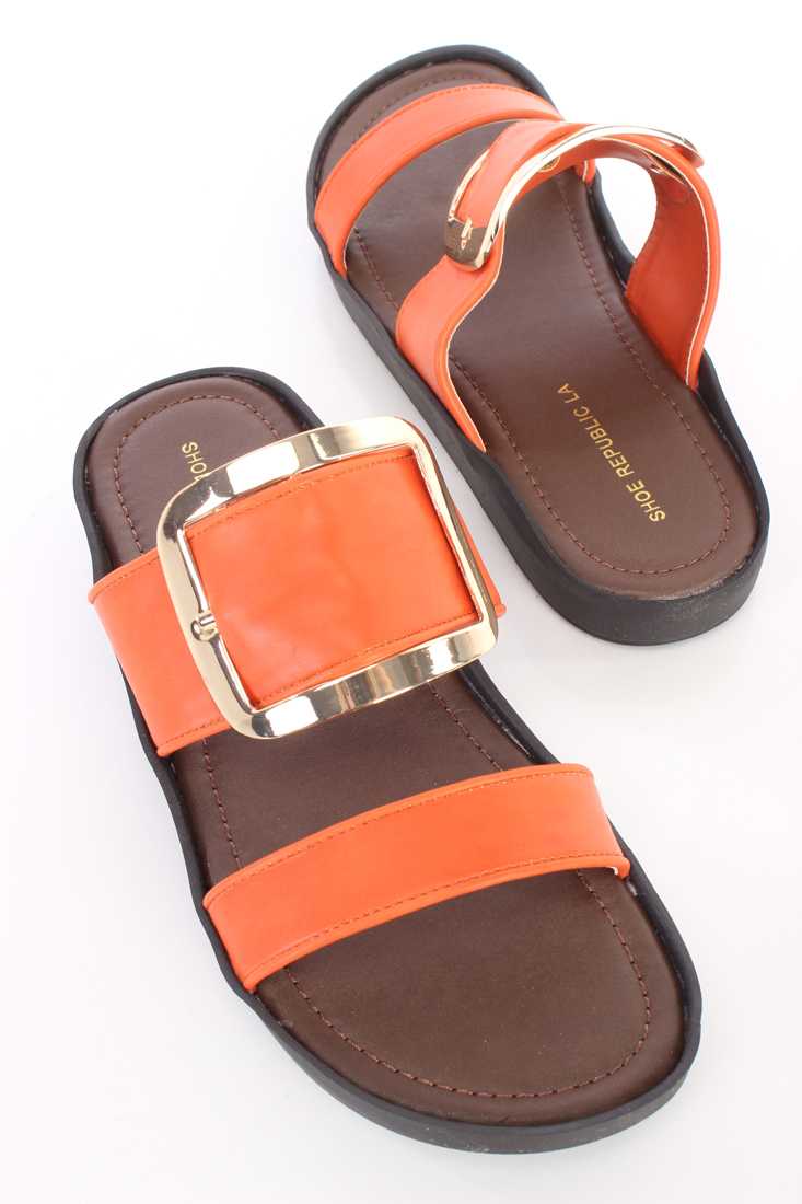 Orange High Polish Buckle Strappy Sandals Faux Leather