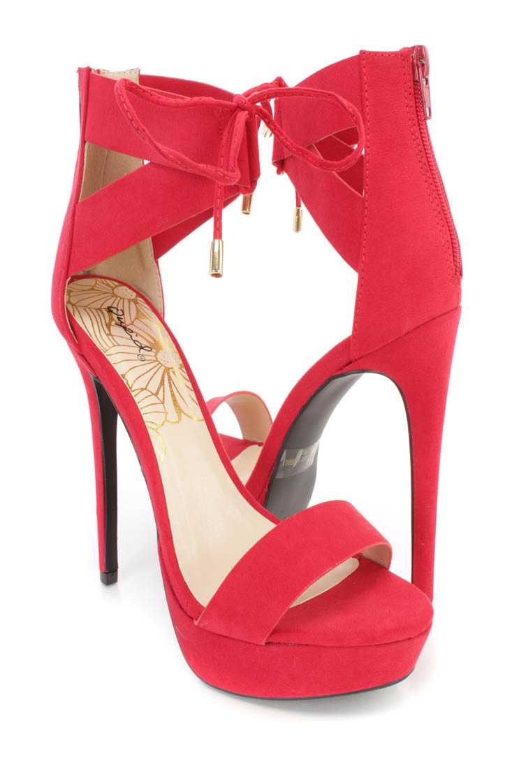 Red Strappy Ankle Platform High Heels Faux Suede
