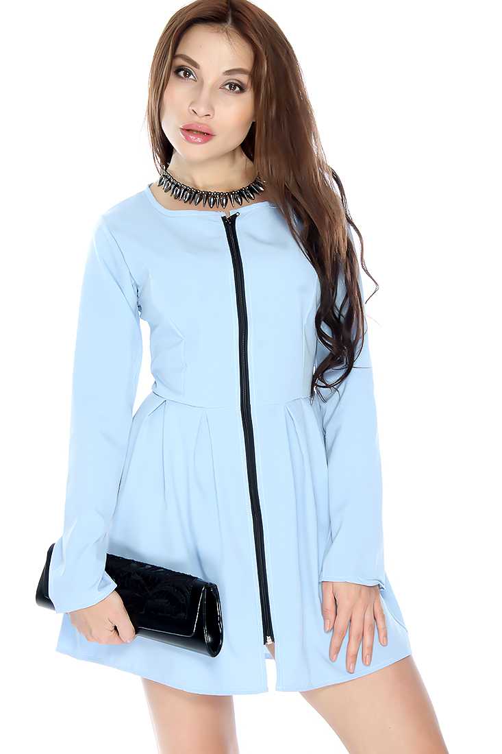 Sexy Light Blue Long Sleeve Zip Up Front Cocktail Dress