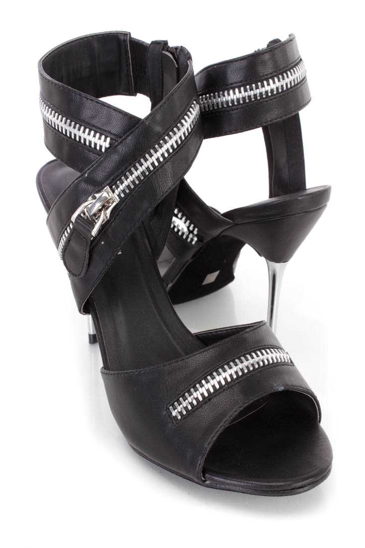 Black Zipper Strappy Single Sole High Heels Faux Leather