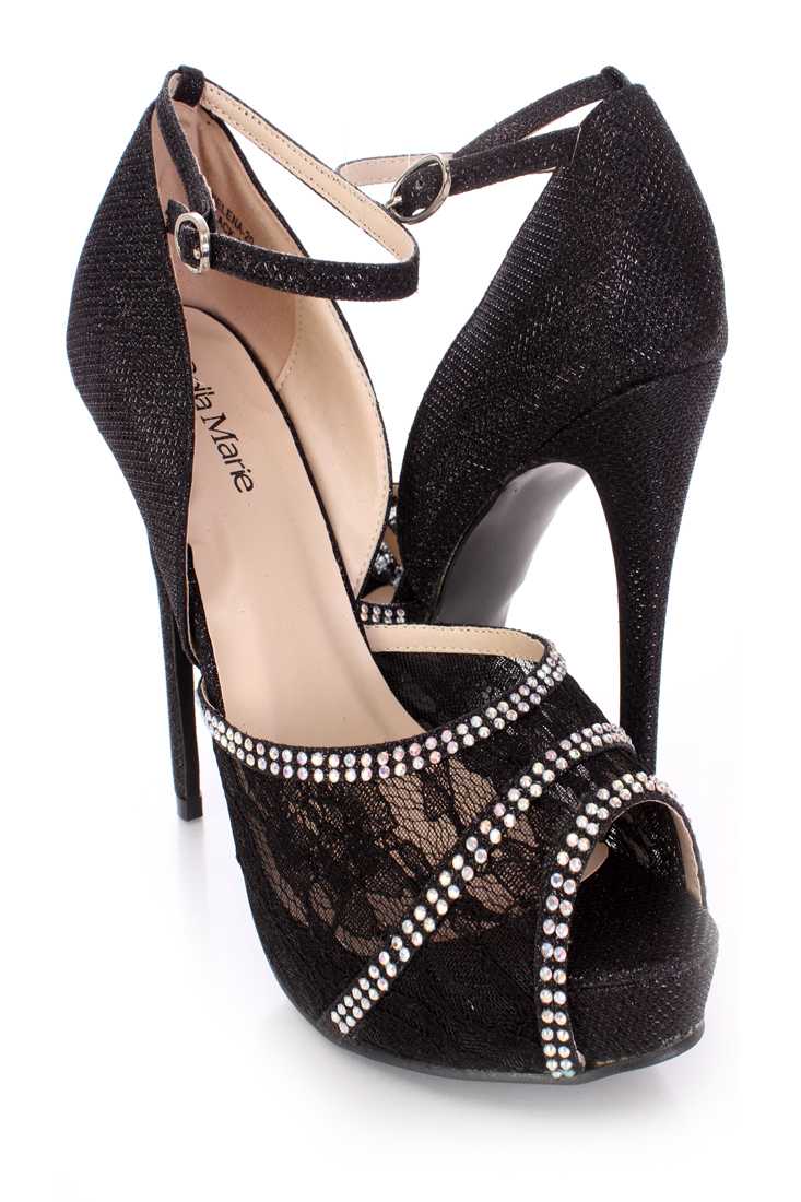 Black Rhinestone Lace Peep Toe High Heels Shimmer Fabric