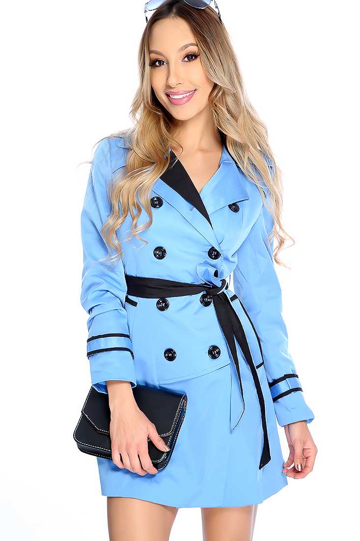 Blue Front Button Up Two Tone Waist Tie Trench Coat