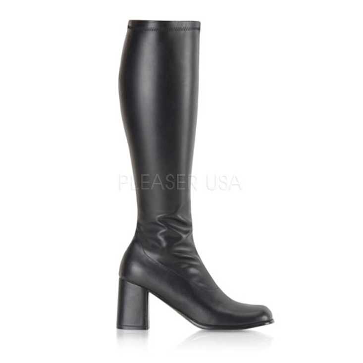 Black Stretch Faux Leather Block Heel GoGo Boots