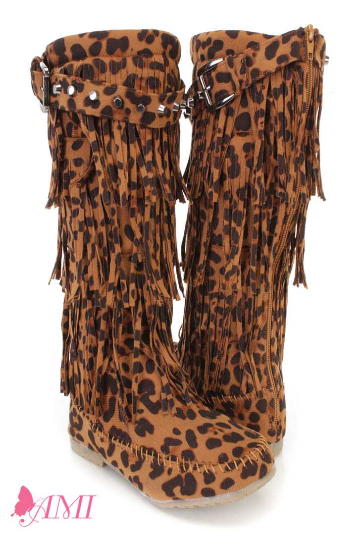 Leopard Print Fringe Tiered Moccasin Boots Faux Suede