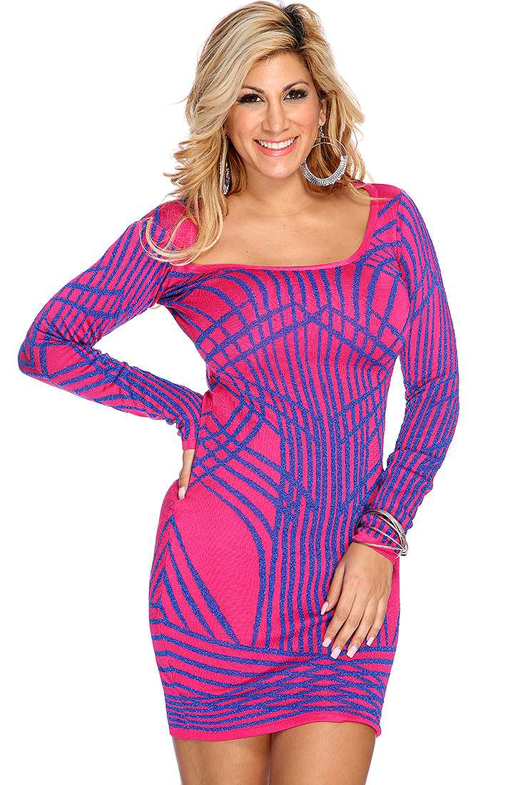 Fuchsia Royal Blue Long Sleeve Shimmer Bandage Dress