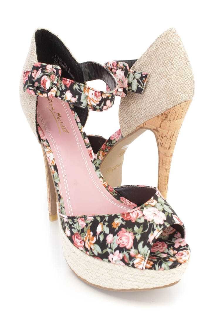 Black Floral Print Espadrille Cork High Heels Fabric