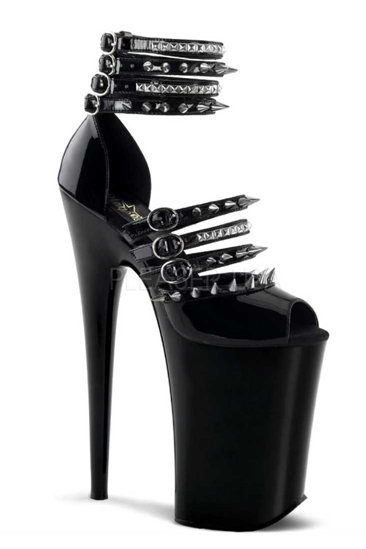 Black Spike Studded Strappy Extreme High Heels Patent