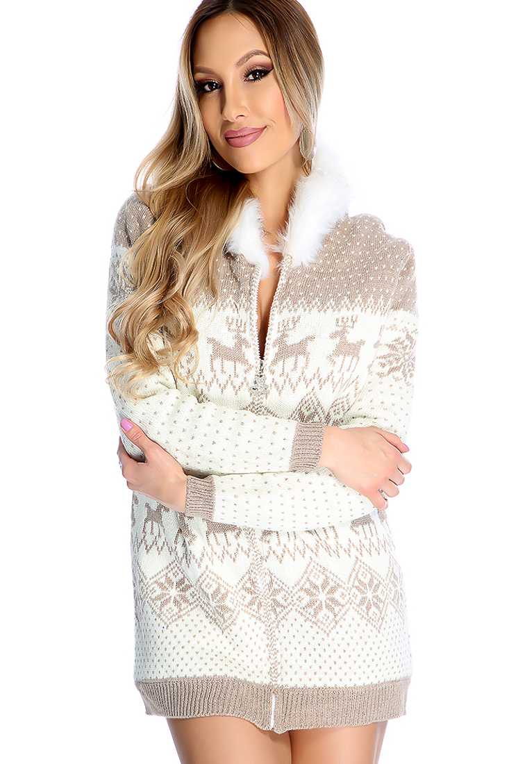 Taupe White Fair Aisle Zip Up Faux Fur Hooded Sweater
