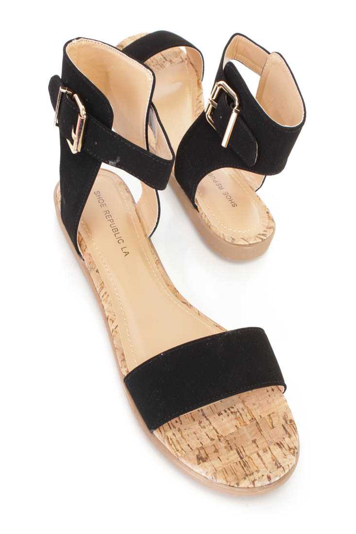 Black Open Toe Strappy Sandals Nubuck Faux Leather