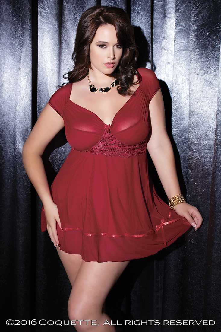 Merlot Mesh Lace Accents Ribbon Bow Plus Size Babydoll
