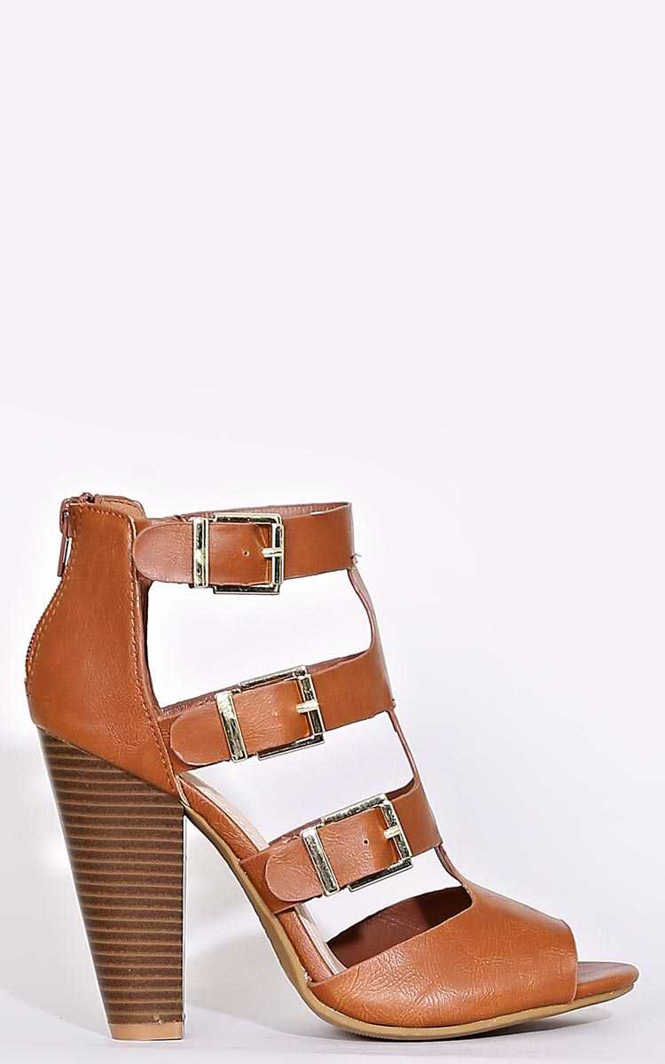 BAMBOO Buckle Mash Faux Leather Heels - Cognac in Size 10 by Styles For Less