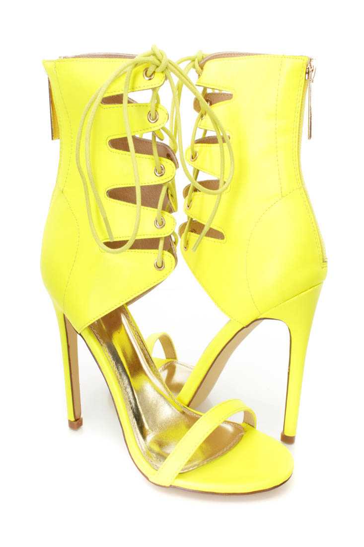 Neon Yellow Lace Up Open Toe Single Sole High Heels Faux Leather