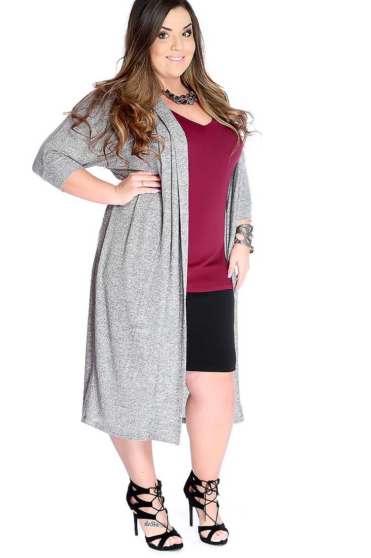Stylish Light Grey Plus Size Quarter Sleeve Oversize Cardigan