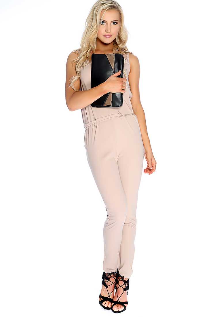 Sexy Taupe Floral Lace Mesh Sleeveless Jumpsuit