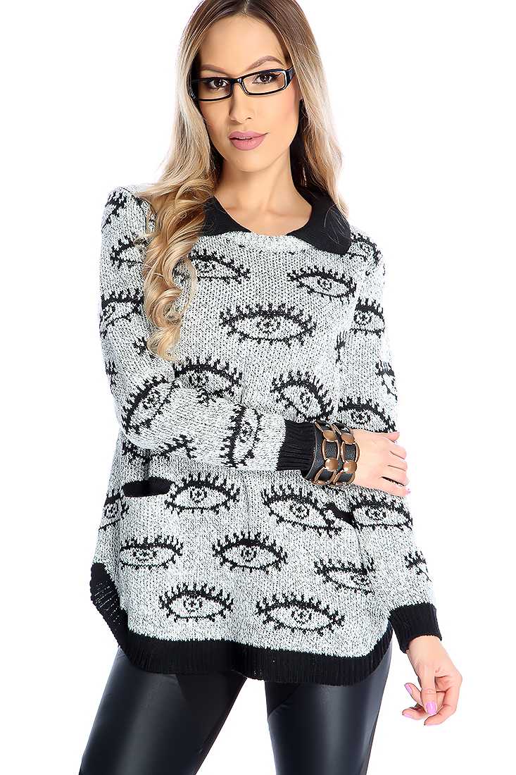 Grey Long Sleeve Fish Bone Knit Casual Sweater