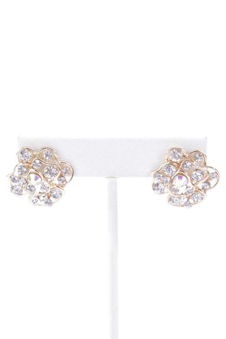 Gold High Polish Flower Rhinestone Studded Earrings