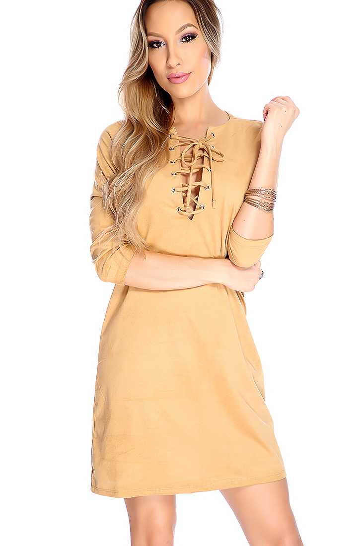 Sexy Camel Quarter Sleeve Tie Up Chest Party Dress