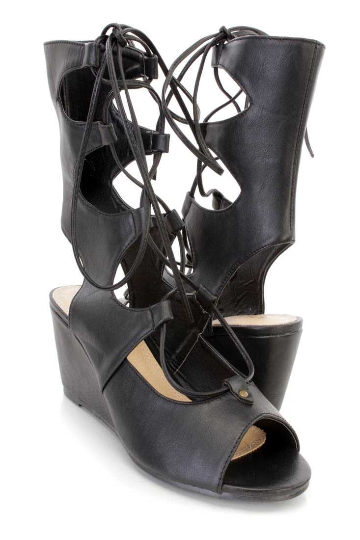 Black Wrap Around String Tie Single Sole Sandal Wedges Faux Leather