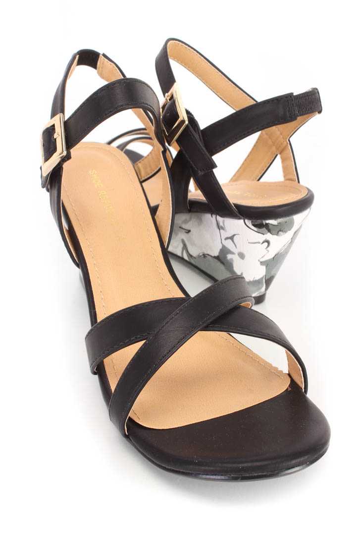 Black Open Toe Floral Wedges Faux Leather