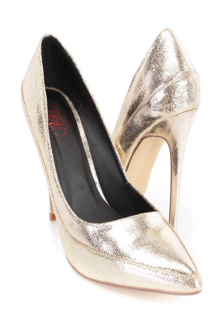 Gold Pointed Toe Single Sole Pump High Heels Faux Leather