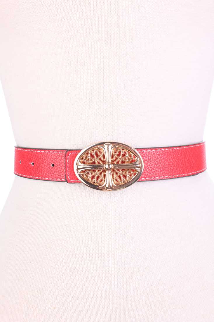 Red Faux Leather High Polish Cross Decor Buckle Belt