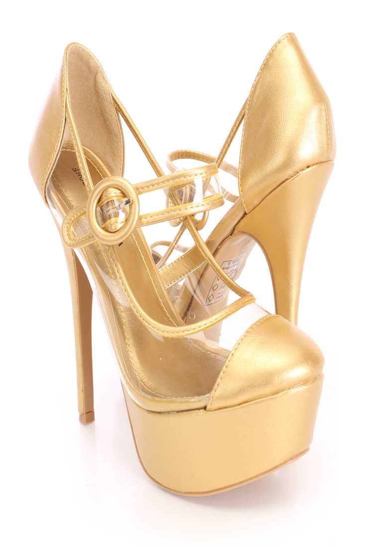 Gold Maryjane Style High Heels Faux Leather