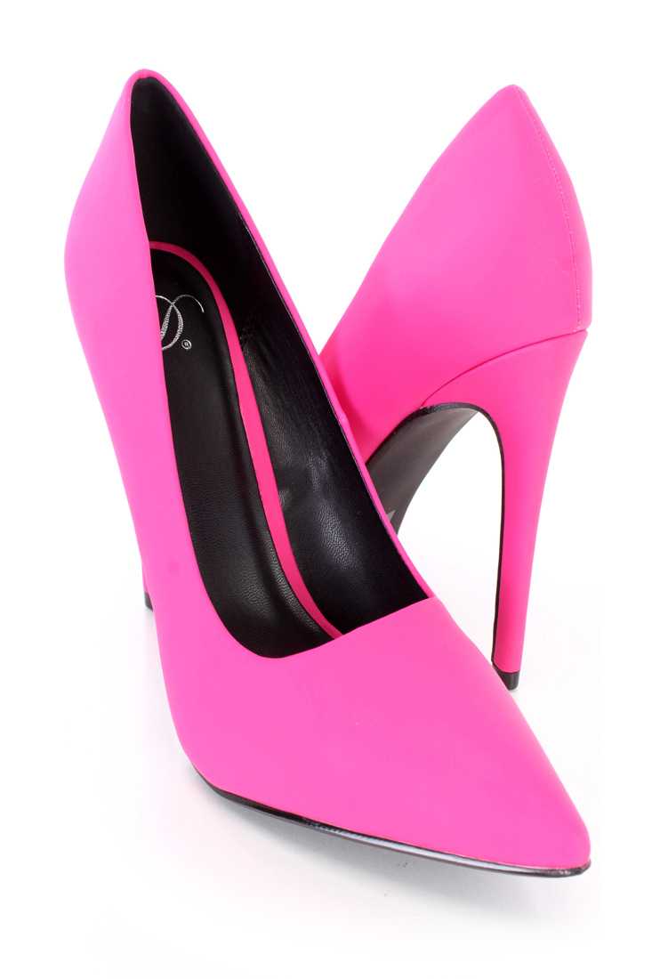 Hot Pink Pointed Toe Single Sole Pump Heels Faux Leather