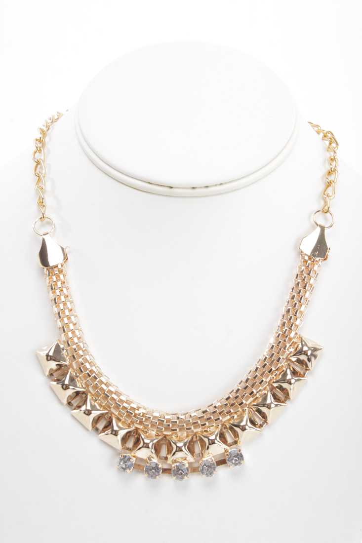 Gold High Polish Metal Mesh Studded Rhinestone Necklace