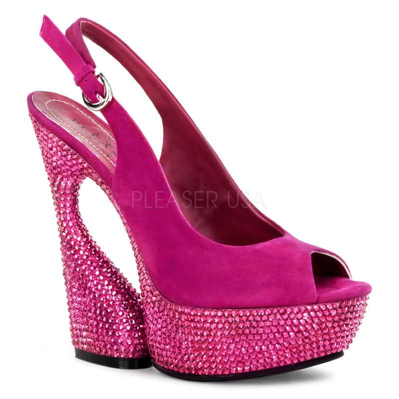 Fuchsia Rhinestone Slingback High Heels Faux Suede