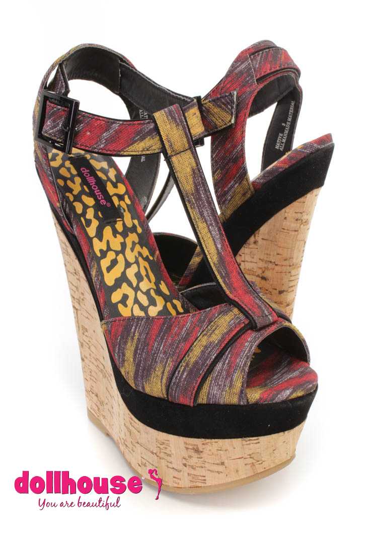 Black Tribal Print T-Strap Wedges Canvas