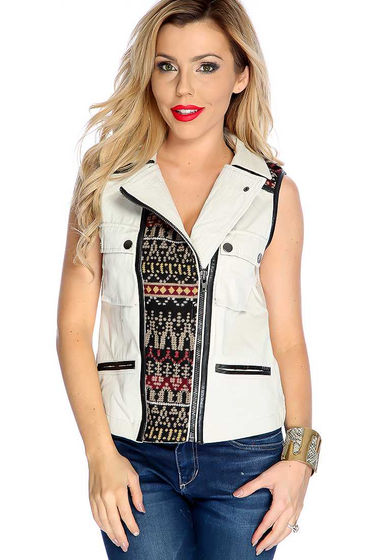 Beige Zip Up Collar Vest