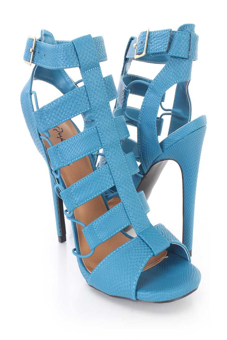 Teal Snake Skin Textured Strappy Booties Faux Leather