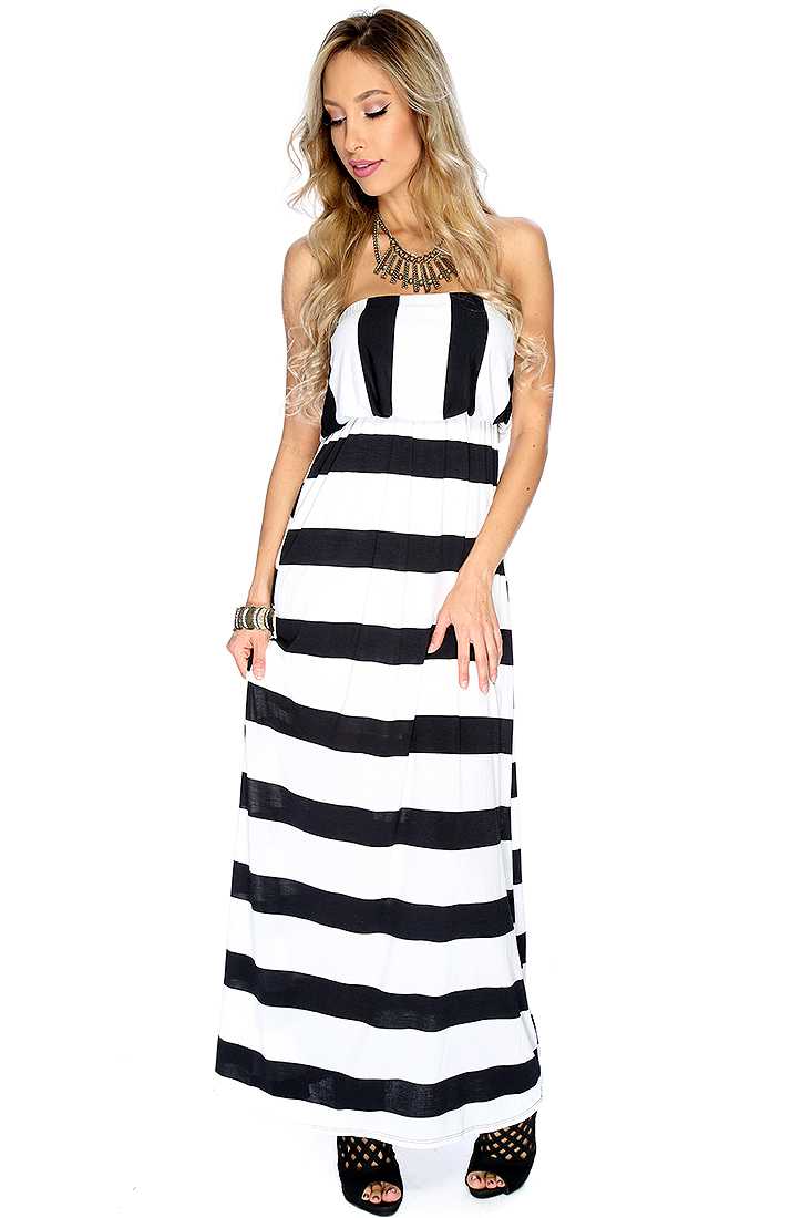 Sexy White Black Stripe Print Strapless Maxi Dress